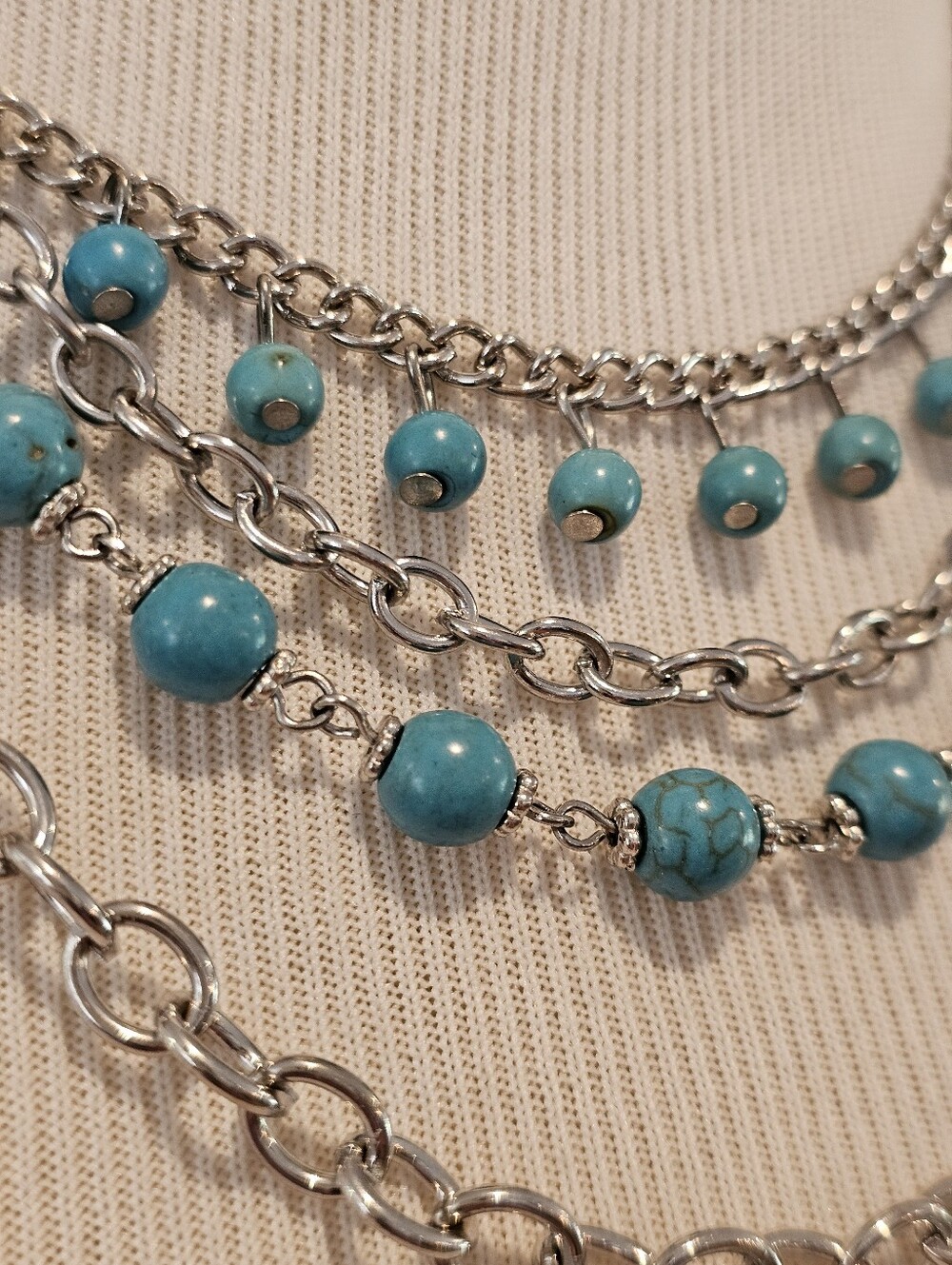 Multi-Strand Silvertone Chain Necklace w/ Turquoise Color Dyed Howlite Beads - Picture 3 of 4